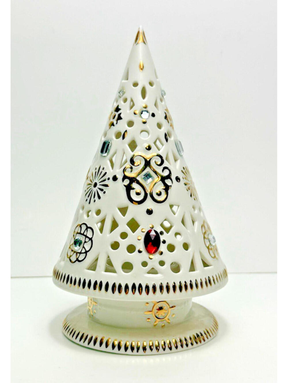 Villeroy & Boch Christmas Tree Ceramic Tea Light White Red Gem Gold Crystals